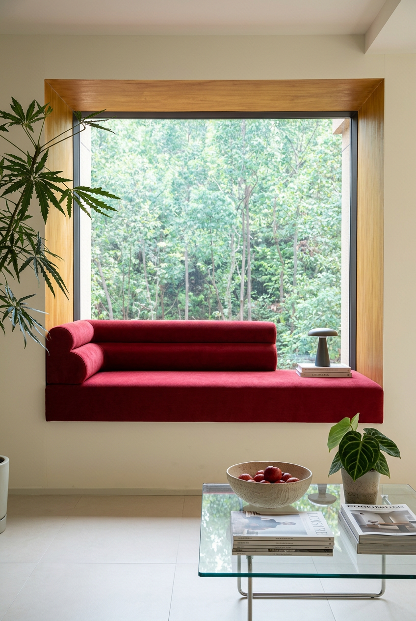 Terrace Style Bay Window Sofa Burgundy Red Forest Scenic View